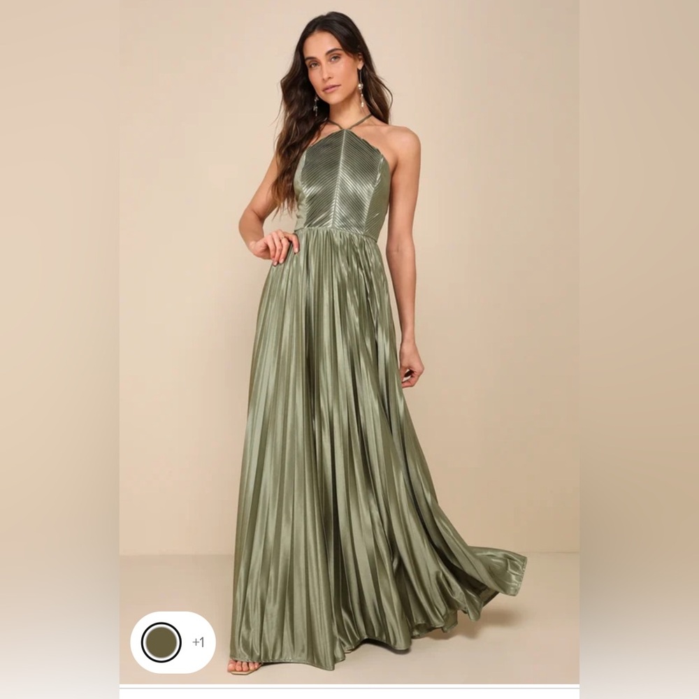 Lulus Olive green satin pleated dress Small